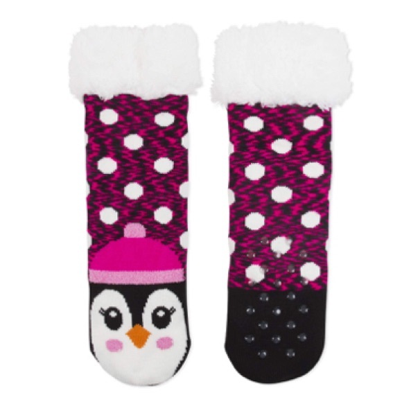 Girls Penguin Acrylic Slipper Socks with fur cuff - Picture 1 of 1